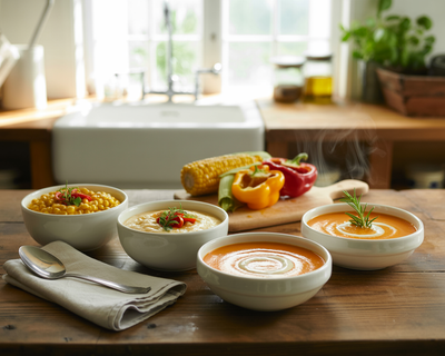 Creamy Sweet Corn & Roasted Pepper Quartet, One Recipe, Four Textures 🌽