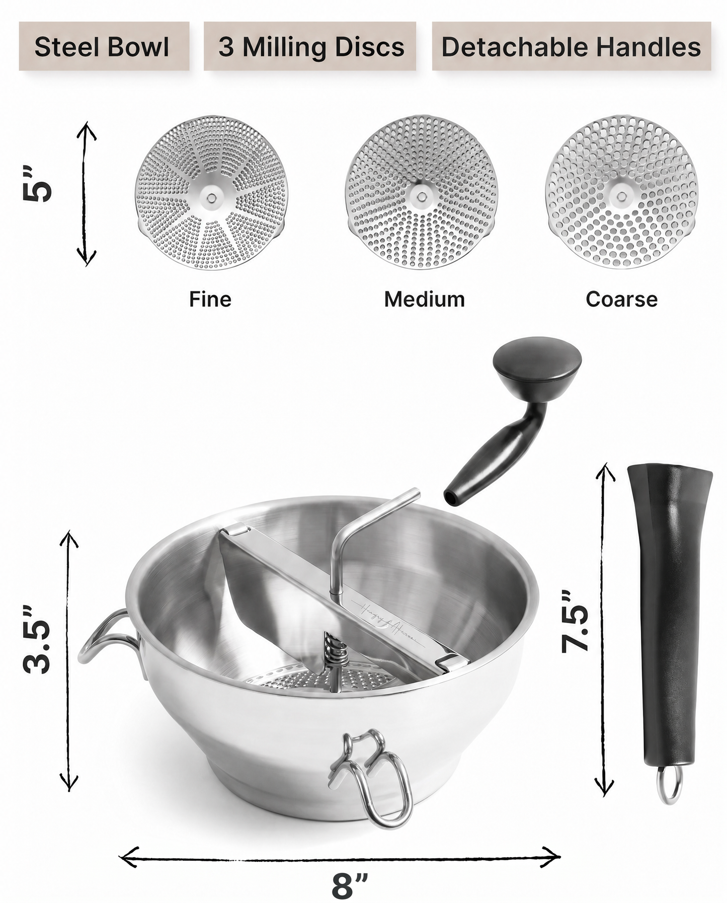 Compact Food Mill — Detachable Handle, Drawer-Friendly