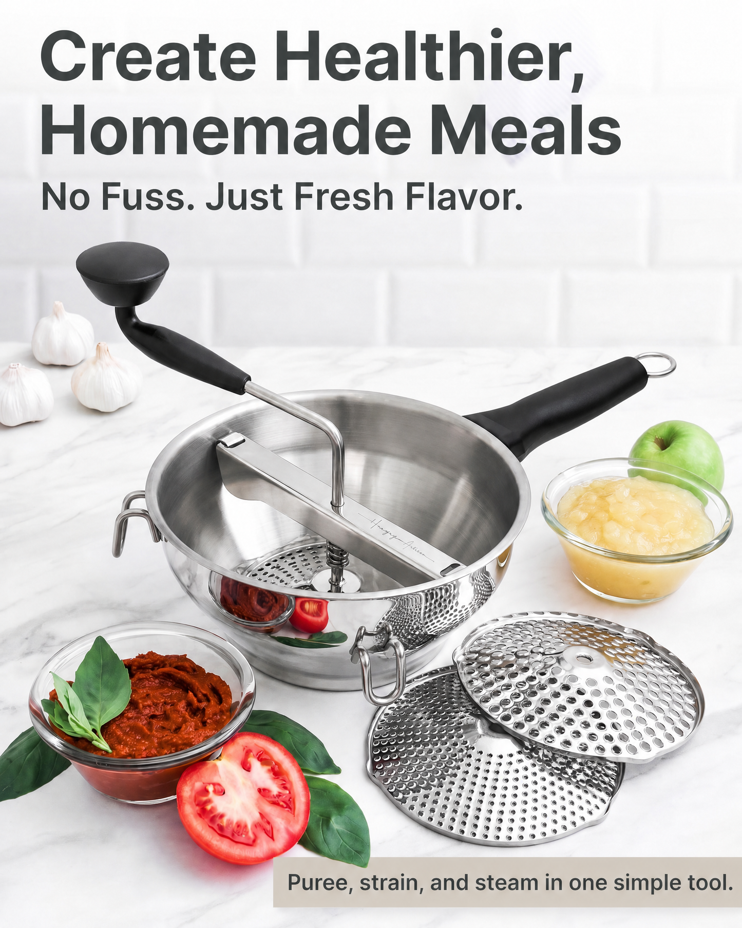 Compact Food Mill — Detachable Handle, Drawer-Friendly