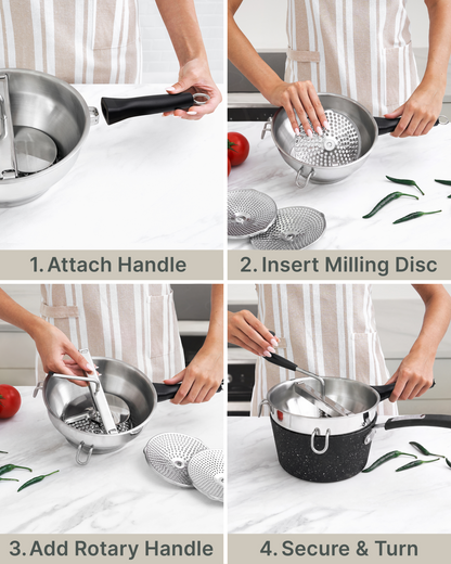 Compact Food Mill — Detachable Handle, Drawer-Friendly